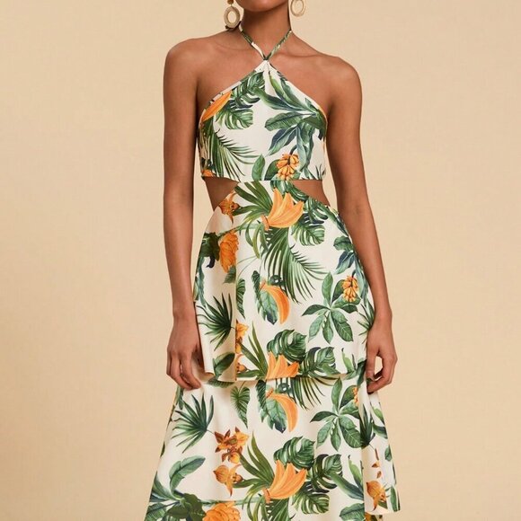 Boho Women's Tropical Plant Print Halter Waist Cutout Maxi Dress - Picture 5 of 6